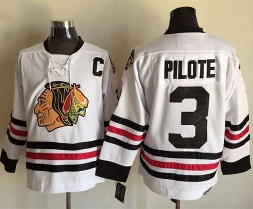 Blackhawks #3 Pierre Pilote White CCM Throwback Stitched NHL Jersey - Click Image to Close